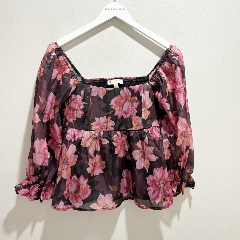 THIRTY THIRTY LA Women’s Black Pink Floral Puff Sleeve Babydoll Blouse Top Sz L